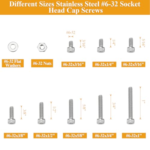 254 Pieces #6-32 x 3/16", 1/4", 5/16", 3/8", 1/2", 5/8", 3/4", 1", Hex Socket Head Cap Screws Nuts Washers Assortment Kit - size: #6-32, style: Socket Head
