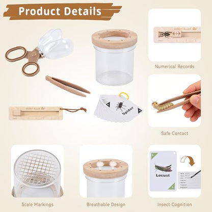 Wooden Bug Catching Kit for Kids - 10 PCS Outdoor Exploration Set with Bug Habitat, Magnifying Glass, Bug Container &Other Adventure Kit —STEM Educational Toy for Boys & Girls Ages 4-8