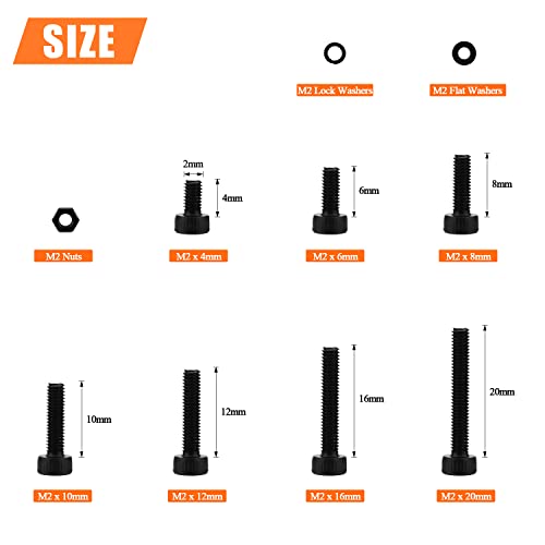 HELIFOUNER 560 Pieces M2 x 4mm /6mm /8mm /10mm /12mm /16mm /20mm, Hex Socket Head Cap Screws Bolts Washers Nuts Kit, 12.9 Grade Alloy Steel, Full Threaded, Black - size: M2, style: Socket Head