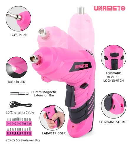 URASISTO Pink Household Tool Set with 3.6V USB Electric Screwdriver, 136 PCS Home Tool Kit with Cordless Lithium-ion Drill Driver, Hand Tool Kits for Women