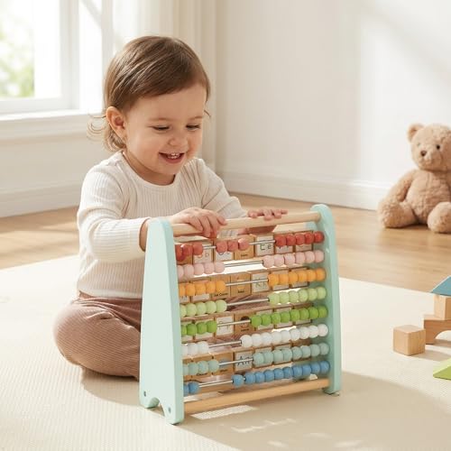 Wooden Abacus for Kids Math - Counting and ABC Alphabet Learning Toy for 3 4 5 Year Old, Montessori Toys Ages 2-5, Toddler Educational Toy, 80 Beads, 26 Letters, Preschool Gift