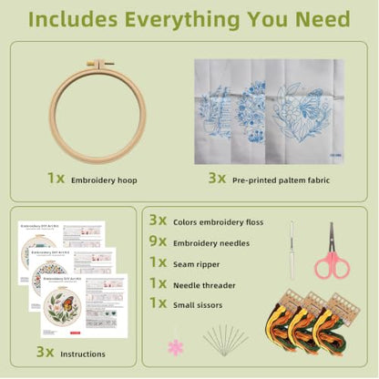 Herdiese Embroidery Kit for Beginners & Adults, 3 Sets with Instructions - color: Flower-F (3 Pack)