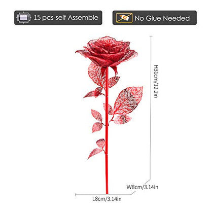 Piececool 3D Metal Puzzles Rose Flower Model Kits, Artificial Fake Flowers Metal Building Kit DIY 3D Puzzle for Adults, for Father Mothers Valentines Day, 15Pcs - color: Red