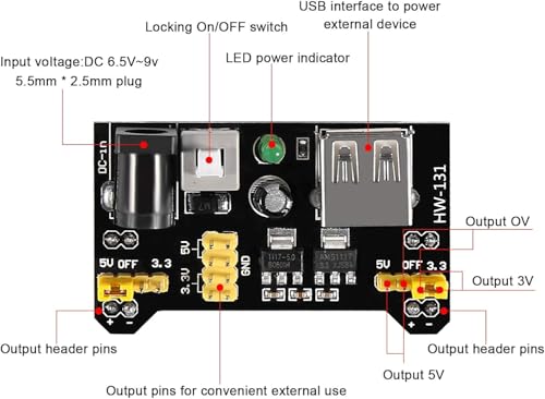 5 Sets 3.3V 5V MB102 Solderless Breadboard Power Supply Module with 9V Battery Clip Power Cable 2.1x 5.5mm Male DC Jack Plug for Arduino (Pack of 5) - size: 5 Set