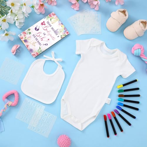Chuarry 43 Pcs DIY Bibs Decorating Kit 8 Bodysuits 8 Pcs 2 Ply White Bibs 10 Fabric Markers 16 Stencils Baby Shower Sign(Flower) - style: Flower