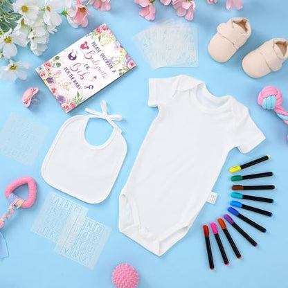 Chuarry 43 Pcs DIY Bibs Decorating Kit 8 Bodysuits 8 Pcs 2 Ply White Bibs 10 Fabric Markers 16 Stencils Baby Shower Sign(Flower) - style: Flower