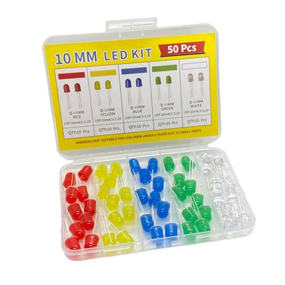 50Pcs 10mm LED Diode Kit, Red Yellow Blue Green White 10Pcs Each