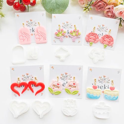Mother’s Day Polymer Clay Cutters & Stamp Set - 12pcs Sharp & Durable Mom, Heart, Cake, Carnation & Gift Shapes for DIY Earring Jewelry Making, Soft Clay Crafts & Holiday Supplies - color: 2T color