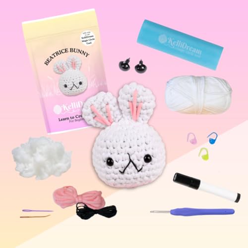 KelliDream Learn to Crochet Kit for Beginner Adults with Magic Circle Tool; Step-by-Step Video Tutorials; All Supplies to Make Cute Amigurumi (Bunny) - color: Bunny