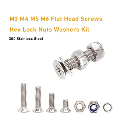 1020pcs M3 M4 M5 M6 Flat Phillips Countersunk Head Machine Screws Bolts Nuts Washers Assortment Kit, 304 Stainless Steel, Silver Tone - size: M3 M4 M5 M6 1020pcs (Countersunk Head-304)