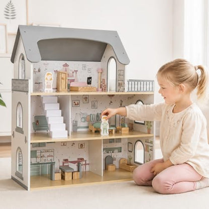 Wooden Dream Playhouse for Girls with Balcony,Doll House for Kids with Furniture,DIY Pretend Play House Toy, Children Dollhouses Toys with 12 PCS Accessories,Birthday Gifts for Boys Girls Ages 3+