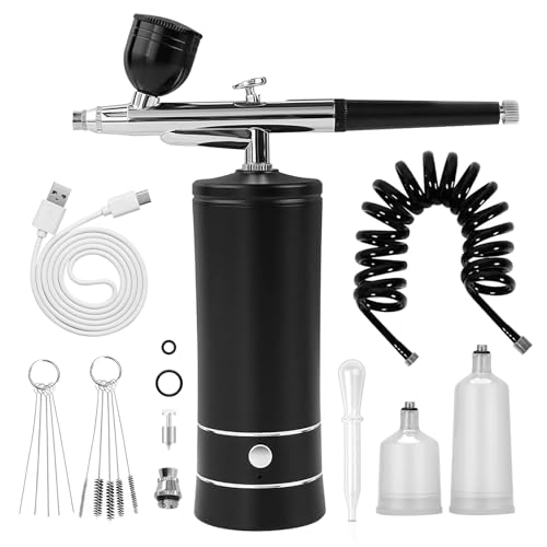 Airbrush Kit Air Brush Kit With Air Compressor Nail Charms Wireless Air Brush for Barber, Nail Art, Makeup, Model Painting(Black - with extension tube) - color: Black - With Extension Tube