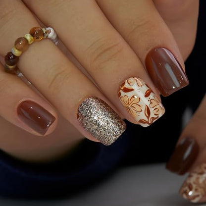CurvLife Short Square Glitter Fall Press On Nails, Golden Floral, Soft Gel - color: Brown Floral and Glitter