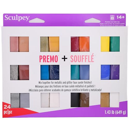 Sculpey: Multipack - Premo + Souffle - 24 Unique Color-Glitter Bars, Sampler Pack, Non-Toxic, Sculpt-Model Projects, Adult Arts-Crafts Supplies - style: Premo + Souffle