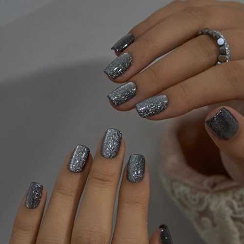 CurvLife Short Square Silver Glitter Press On Nails, Silver Night, Soft Gel - color: Bursting Silver