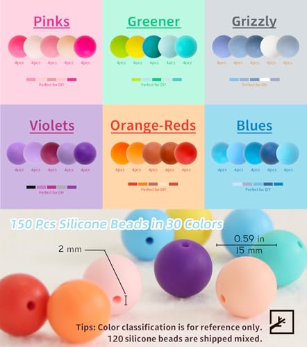 ZIFTY 150Pcs 30 Colors Silicone Beads for Keychain Making Kit 15mm - color: Mixed color-150Pcs