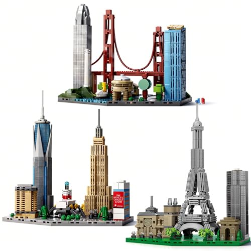 3 Famous World Architecture Skyline Collection Building Set, Paris, New York City, San Francisco Includes Golden Gate Bridge, Eiffel Tower etc, Ideal Valentine's Day Gift for Lover(1648PCS) - style: 3 Skyline-1