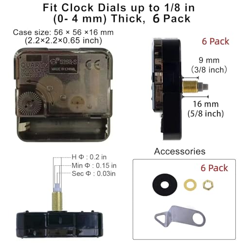EMOON 6 Pieces Clock Mechanism Replacement Kit with 9 Pack Clock Hands, Silent Sweep Clock Motor Kit Battery Operated for Clock Repair DIY Replacement, Custom Clock - size: Total Shaft Length 5/8 in