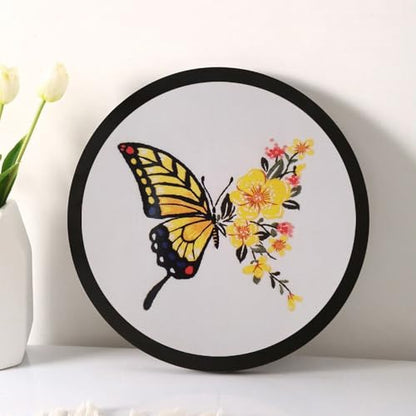 Esffaci Embroidery Starter Kit for Adult Beginner with Butterfly Flower Pattern Hand Embroidery Set with Cloth Hoop Needle Threader Floss and Instruction - color: Yellow