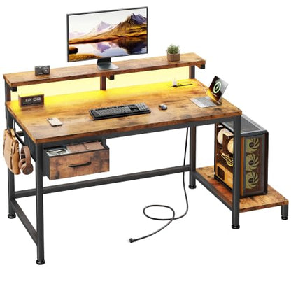 DurayLoly 32" Office Desk with Power Outlet & Fabric Drawer,Rustic Brown - color: Rustic Brown, size: 32 IN