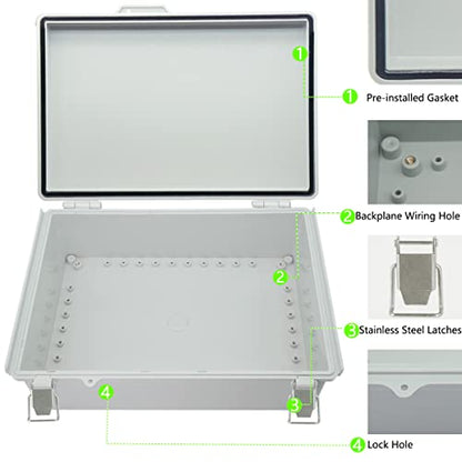 Zulkit Junction Box ABS Plastic Dustproof Waterproof IP67 Electrical Boxes Hinged Shell Outdoor Universal Project Enclosure Grey, Stainless Steel Buckles 15 x 11 x 5.1 Inch - size: 15"x11"x5.1" GC k