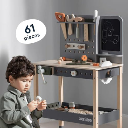 Kids Wooden Workbench, 61-Piece Tool Bench Set with Saw, Hammer, Spanner, Screwdriver, Nuts and Bolts, Chalkboard, Safety Goggles and Gloves, Construction Toy, Pretend Play, Boys, Girls Age 3+