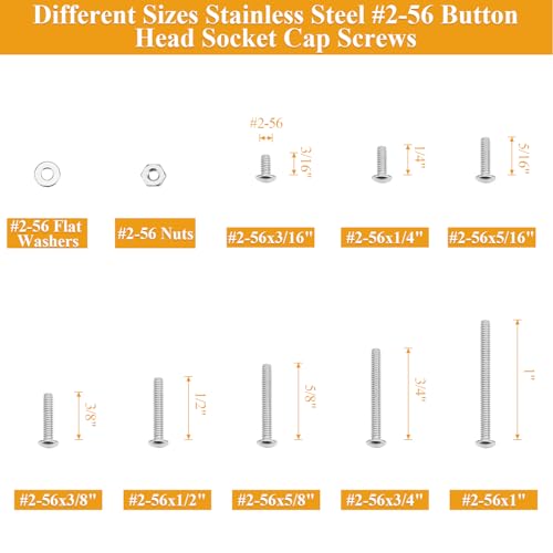 254 Pieces #2-56 x 3/16", 1/4", 5/16", 3/8", 1/2", 5/8", 3/4", 1", Button Head Socket Cap Screws Nuts Washers Assortment Kit - size: #2-56, style: Button Head Socket Cap