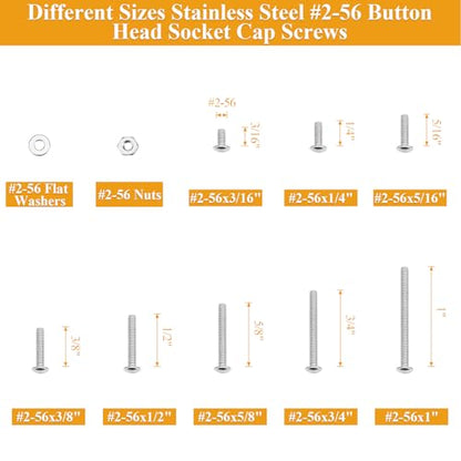 254 Pieces #2-56 x 3/16", 1/4", 5/16", 3/8", 1/2", 5/8", 3/4", 1", Button Head Socket Cap Screws Nuts Washers Assortment Kit - size: #2-56, style: Button Head Socket Cap