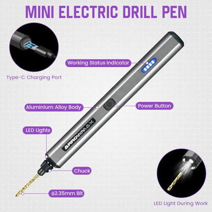 AM ARROWMAX Mini Electric Drill Pen, 13 in 1 with Aluminium case, Rechargeable, 800 RPM, Needle Vise Hand Drill Kit, 10 HSS Bits, DIY, Wood, Jewelry Making (SDS MINI) - size: SDS MINI