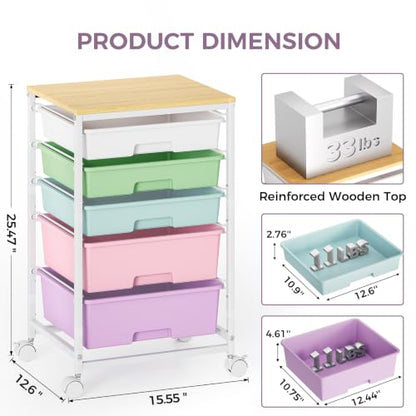 SYKIARIOL 5-Tier Rolling Cart with Drawers with Wooden Top, Ice Cream - color: Ice Cream