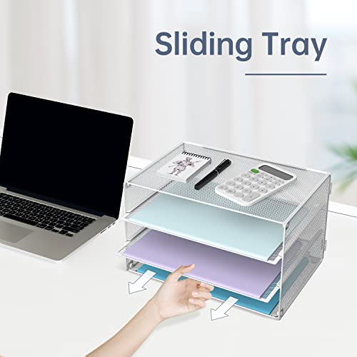 DALTACK 3 Tier Letter Tray Paper Organizer with Sliding Mesh Trays White - color: White