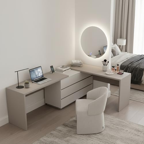 144" Extra Long L-Shaped Double Desk with 6 Dust Proof Drawers for 2 People Study Workstation, Dual Computer Desk Corner Desk for Home Office Bedroom, White Khaki, 102.36-144.26"