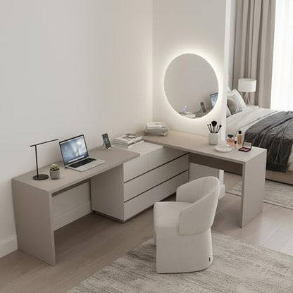144" Extra Long L-Shaped Double Desk with 6 Dust Proof Drawers for 2 People Study Workstation, Dual Computer Desk Corner Desk for Home Office Bedroom, White Khaki, 102.36-144.26"
