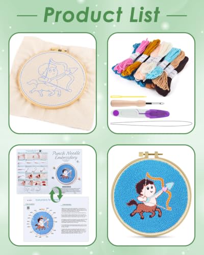 ERKOON Punch Needle Kit Beginners Adults, Zodiac Easy Embroidery Set for Starter Art Craft, Needling Punching Project with Patterns, Tools, Yarns, Hoop, Instruction (Sagittarius) - color: Sagittarius