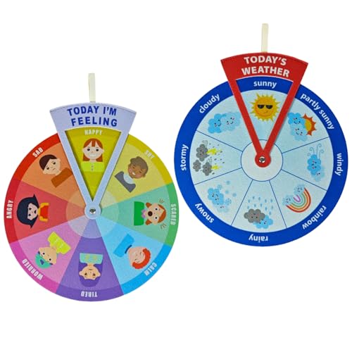 2-in-1 Emotion Wheel & Weather Chart for Kids - Interactive Social Emotional Learning (SEL) & Weather Forecast Preschool Toy, Felt Spinner Set for Classroom & Home (2 Pack) - style: Feeling & Weathers