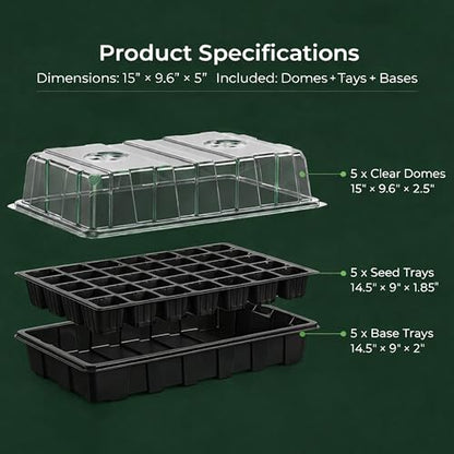 Gardzen 5-Set Seed Starter Tray Kits, Durable Plant Germination Trays with Humidity Vented Domes and Bases, Ideal for Seed Starting, Indoor Gardening, and Greenhouse (Total 200 Cells) - size: 40-Cell Black 5-Pack