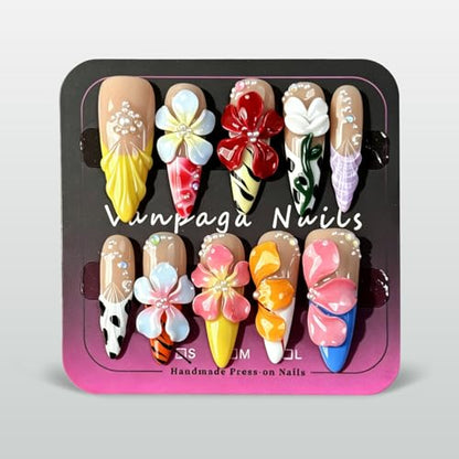 Reusable Handmade Press on Nails, 3D Flower Stiletto Nails with Pearls, Vibrant Tropical Blossom False Nails for Women, 10Pcs Kit with Nail Kit(M) - color: DHK, size: Medium
