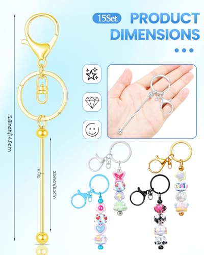 RQAYE 15Pcs Beadable Keychains Bulk Kit Cute Beadable Keychains Bar for Beads DIY Keychain Making Supplies for Women Man Crafts, Jewelry, bag Charms, Custom Projects Gift (Gold) - color: Gold