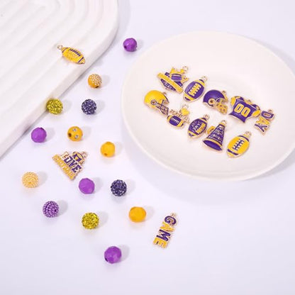 2200PCS+ Game Day Beads Charms for Bracelet Making Polymer Clay Beads Crystal Pearl Letter Gold Spacer Beads Football Charms for Game Day Bracelet Necklace Making DIY Crafts - color: Purple Yellow