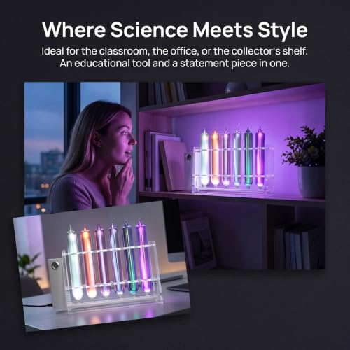 Rare Gas Glow Demonstration Set, 6 Noble Gases (he, Ne, Ar, Kr,xe,n2), with Motorized Stand,for Physics Spectroscopy Education, Desktop Collection & Science Ornament
