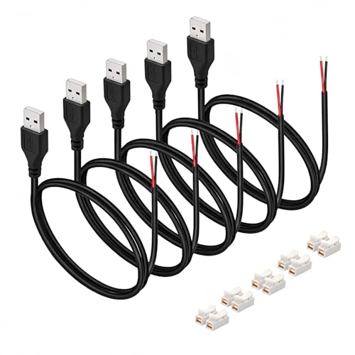 3.28ft Black USB Pigtail Cable 5-Pack with Wire Connectors - color: Black