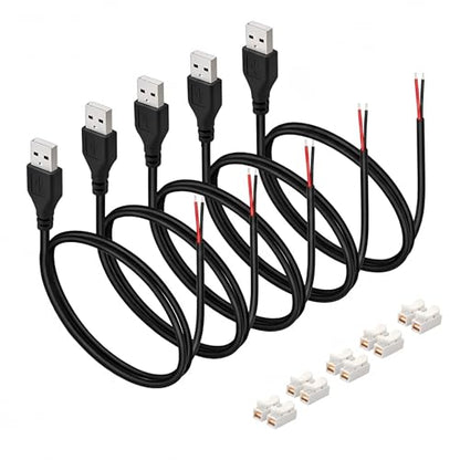 3.28ft Black USB Pigtail Cable 5-Pack with Wire Connectors - color: Black