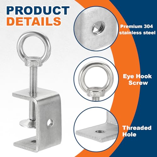HARFINGTON 2 Pcs 304 Stainless Steel C Clamps 45mm Square Mini Tiger Clamp Adjustable Heavy Duty Metal U Clip with Eye Hook Screw for Woodworking Welding Mounting, Silver - size: 45mm