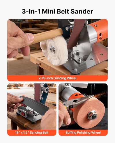 VEVOR 3-in-1 Mini Belt Sander, 13" x 1.2" Sanding Belt, 2.75" Grinding & Polishing Wheel Combo, 7-Speed Adjustable with Forward/Reverse Control for Woodworking, Jewelry Making, Knife Sharpening - size: 2.75" Grinder & 1.2" x 13" Belt Sander Combo