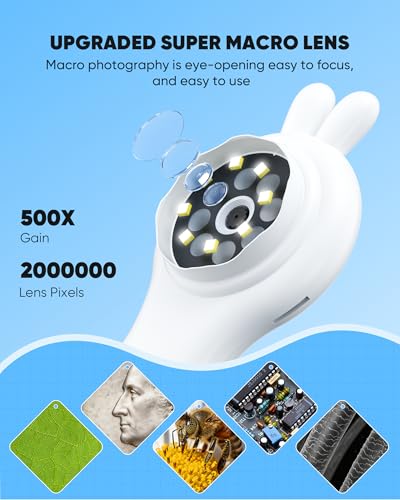 Microscope for Kids, Portable Digital Microscope with 500X Magnifying Glass, Handheld Camera Mini Pocket Magnification, Educational Christmas Birthday Gifts for Ages 4 5 6 7 8 9 10 11 12 - color: Milky white Rabbit