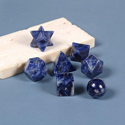 7-Piece Sodalite Natural Crystal Geometry Collection Healing Crystals Kit Sacred Geometry Platonic Solids Geometric Set Tumbled Stones Specimen Collection - style: Sodalite