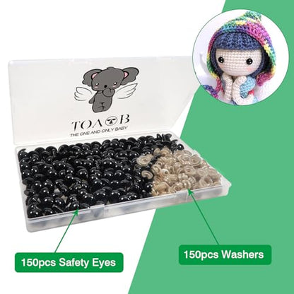 TOAOB 150pcs 14mm Black Plastic Safety Eyes Crafts Crochet Eyes with 150pcs Washers for Stuffed Animals Amigurumis Doll Making - size: 14mm