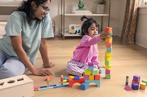 LOVEVERY | The Block Set | Solid Wood Building Blocks and Shapes + Wooden Storage Box, 70 Pieces, 18 Colors, 20+ Activities, Toddler Block Set and Converts into a Pull Car, Ages 12 to 48+ months