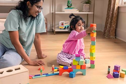 LOVEVERY | The Block Set | Solid Wood Building Blocks and Shapes + Wooden Storage Box, 70 Pieces, 18 Colors, 20+ Activities, Toddler Block Set and Converts into a Pull Car, Ages 12 to 48+ months