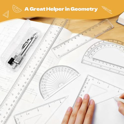 7Pcs Geometry Set-Clear Plastic Rulers,Triangle Ruler,Protractor,Compass